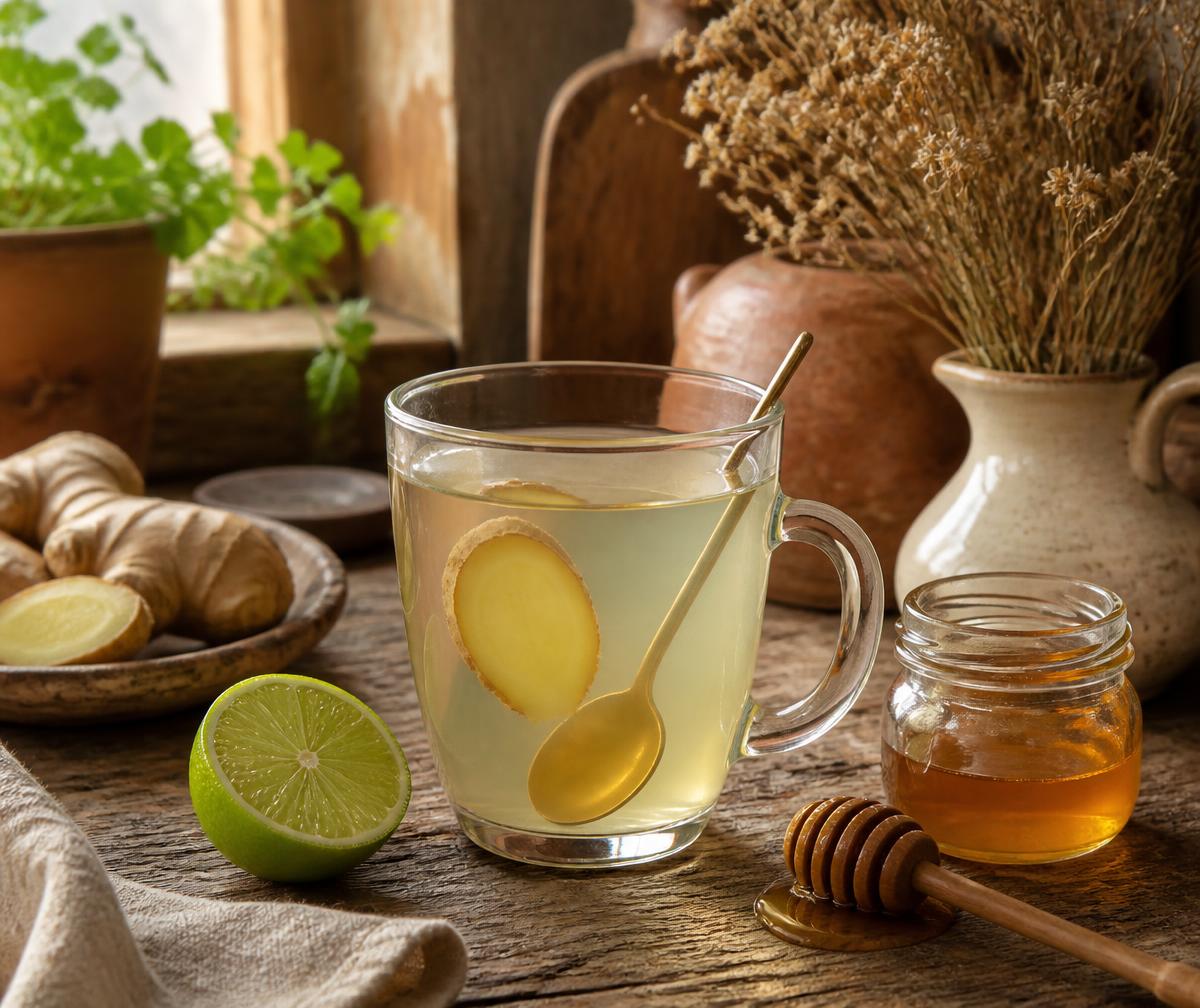 Warm drankje met gember, limoen en honing